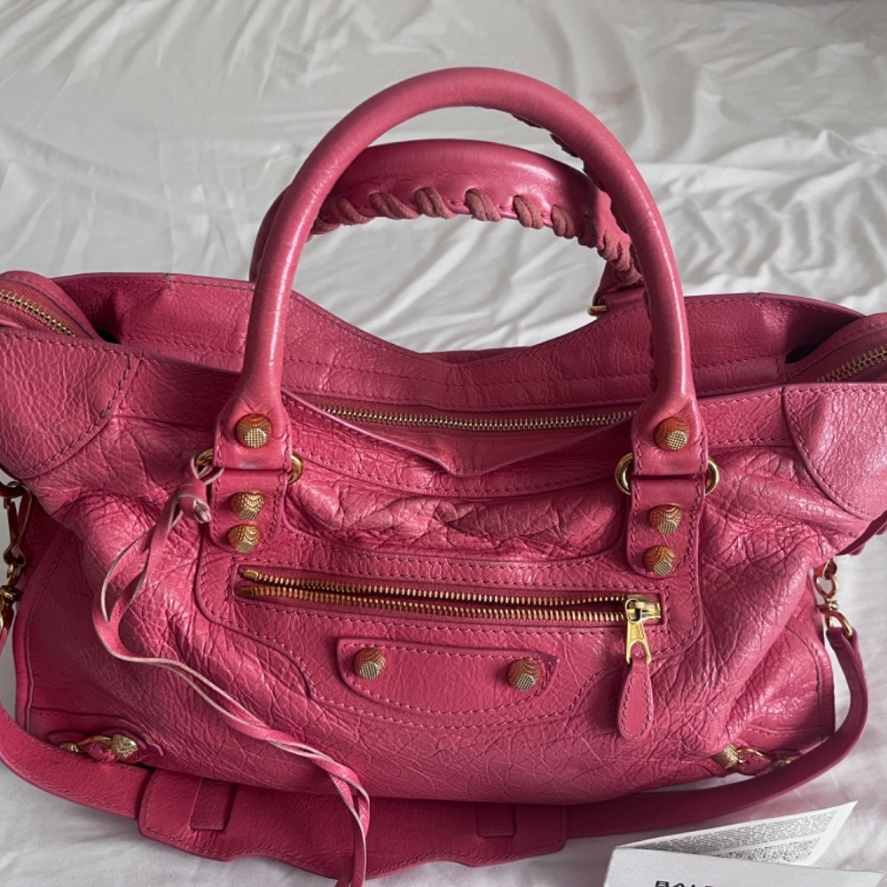 AUTH BALENCIAGA PINK LAMBSKIN LEATHER 2 Ways CLASSIC CITY BAG w/Mirror in Gold